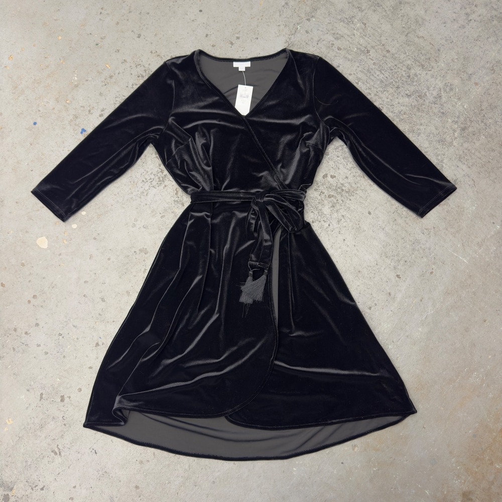 J. Jill Black Velvet Wrap Dress 3/4 Sleeve Tassel Tie Midi KDR176421 M